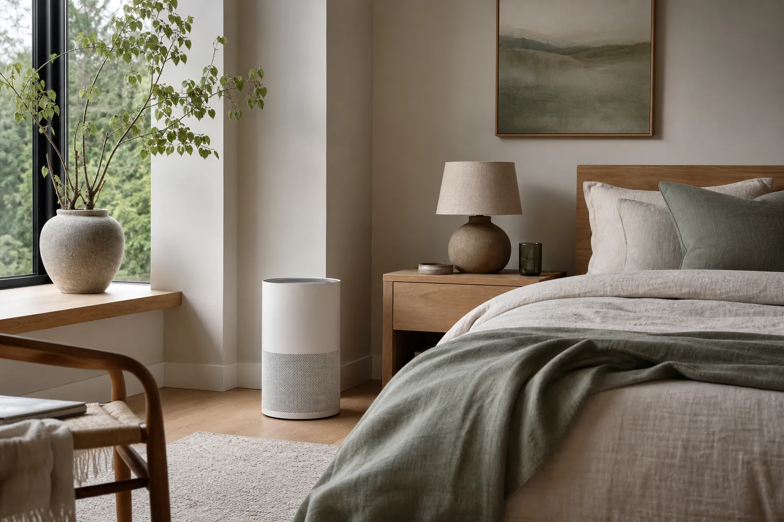 Compact air purifier in a calm bedroom