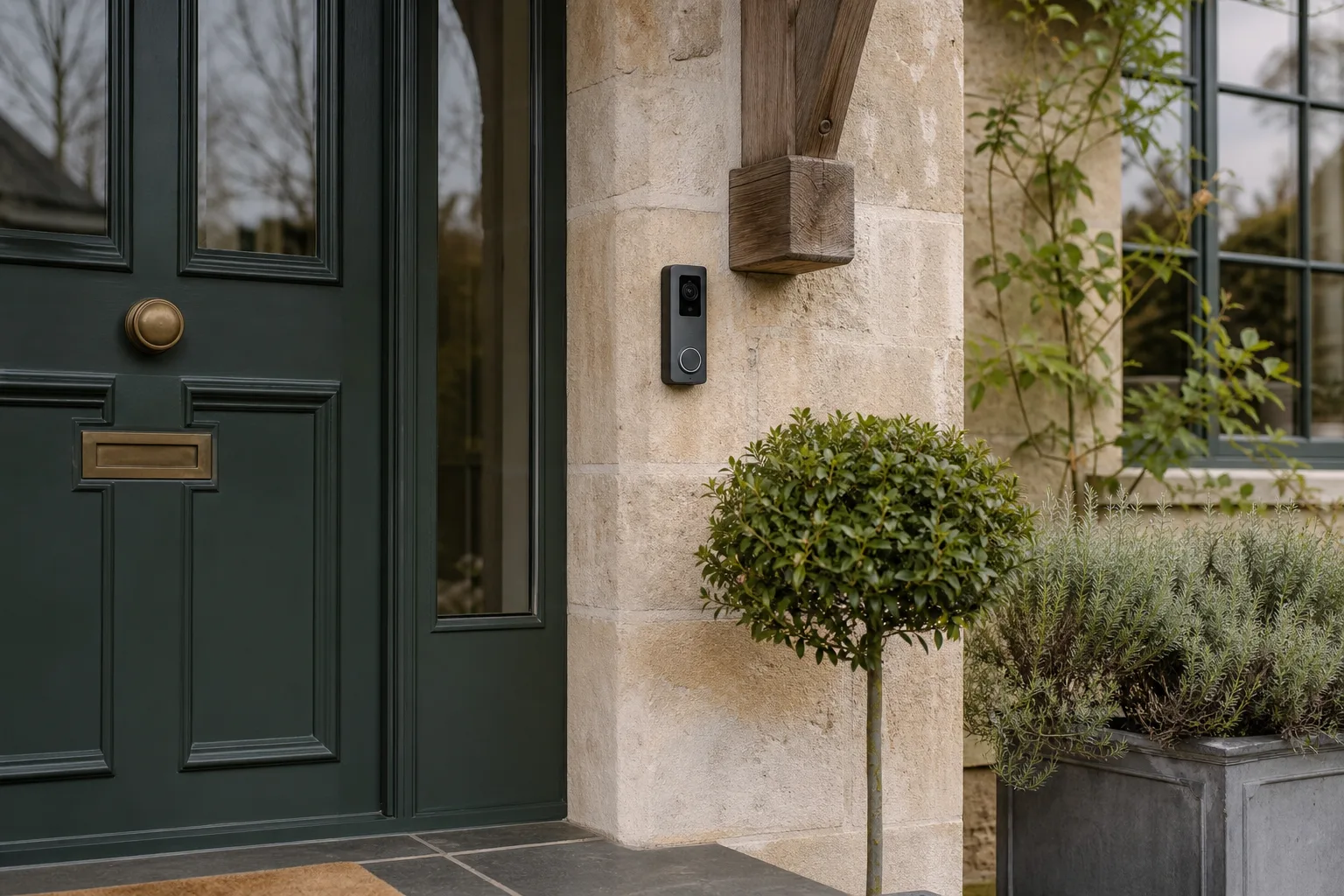 Battery video doorbell beside a dark green entry door