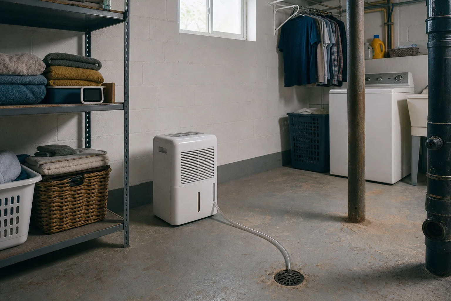A dehumidifier draining into a floor drain in a basement laundry room