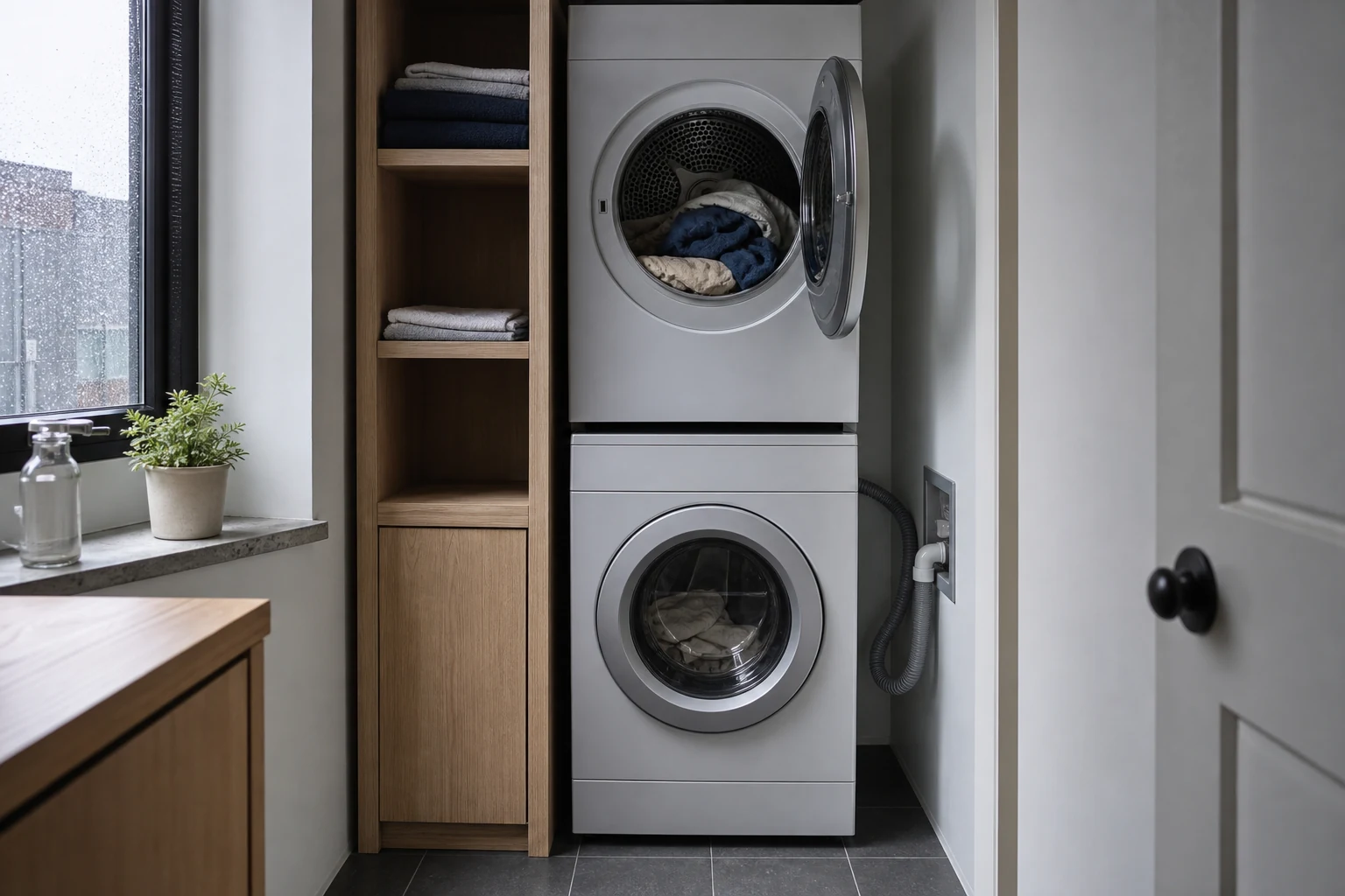 Stacked laundry appliances in a compact utility alcove