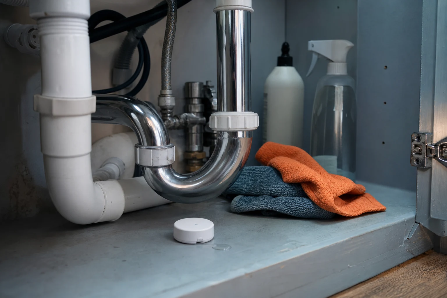 Small water leak sensor beneath plumbing in a cabinet