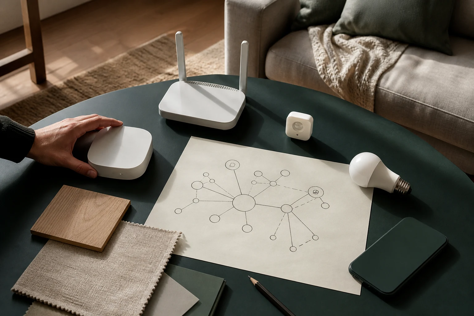 Smart-home devices arranged beside a hand-drawn network plan