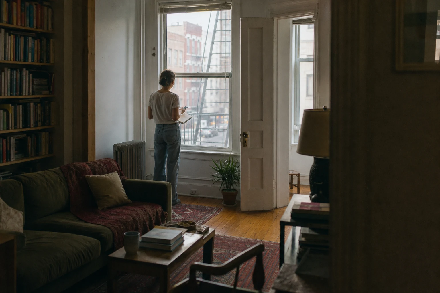 Resident mapping street noise beside an apartment window
