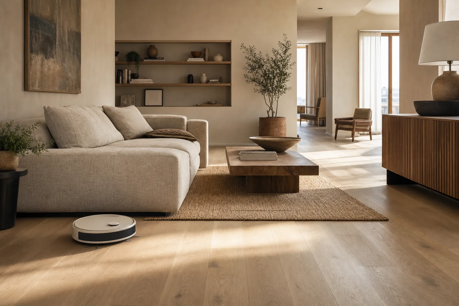 Robot vacuum moving through a warm contemporary apartment