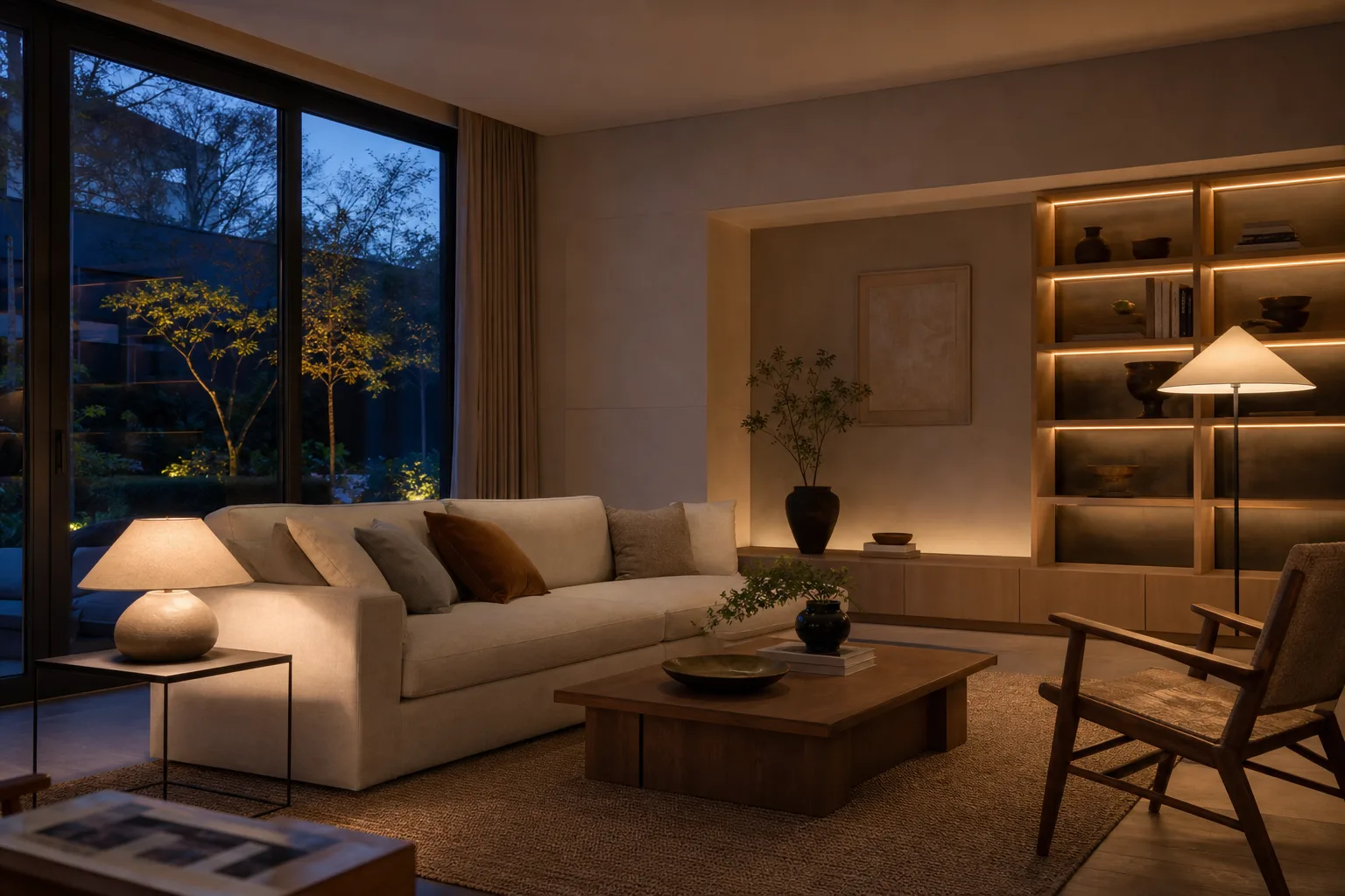 Warm layered lighting in a contemporary room at blue hour