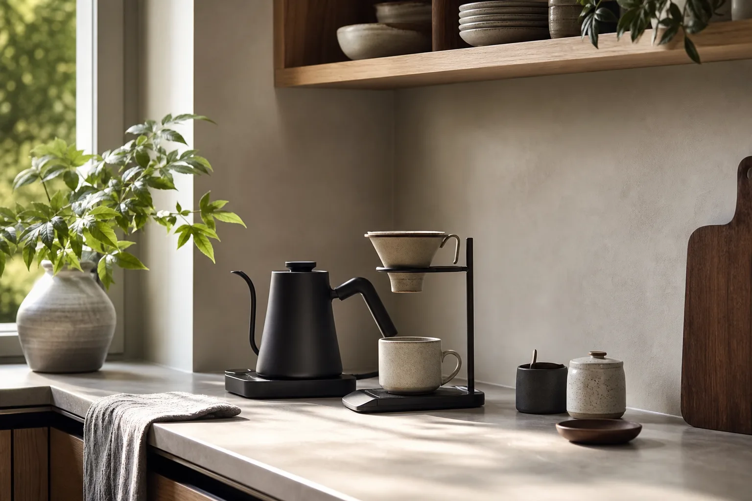 Gooseneck kettle in a quiet kitchen coffee corner