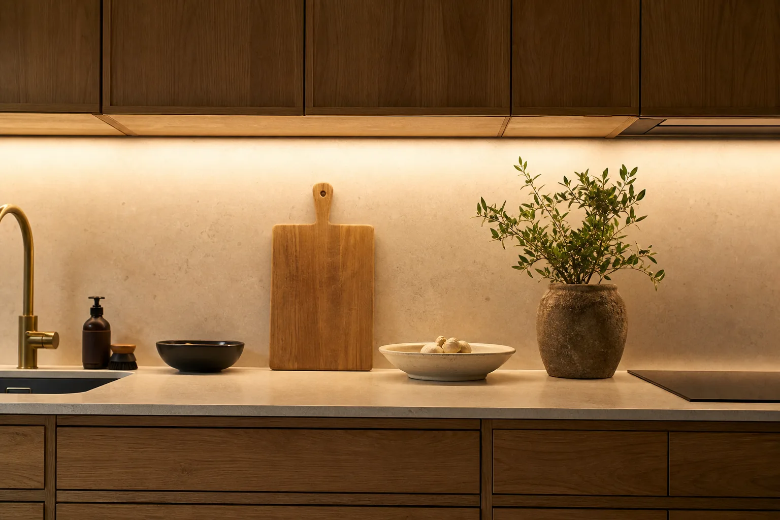 Even under-cabinet lighting across a kitchen work surface